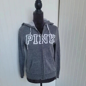 Victorias Secret PINK Women's Gray White Full zip Hoodie Sweatshirt size XS